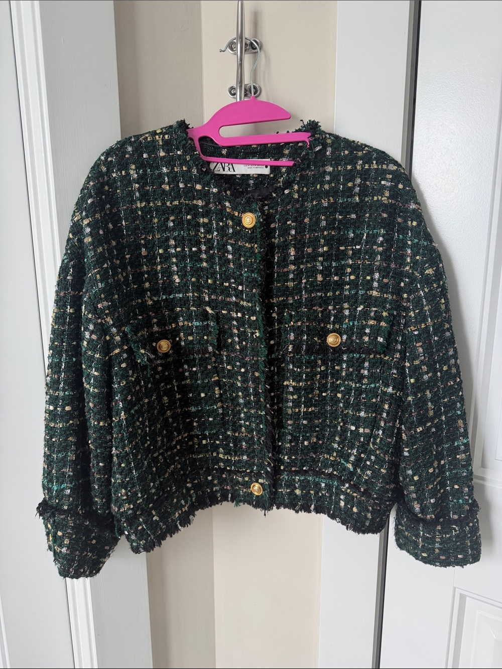 Zara Dark Green Tweed Cropped Jacket with Gold Buttons